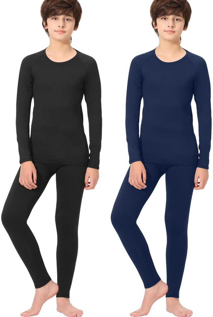 Rolimaka 2 Set Youth Boys' Thermal Underwear Set Fleece Lined Compression Shirt Leggings Pants Kids Base Layer Cold Weather S