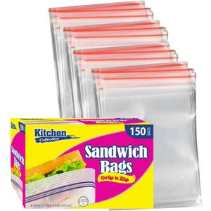 Bluesky Premium Grip & Zip Sandwich-(Pack of 150) -Perfect for Snacks & Lunches, 6.62" x 5.87", Clear
