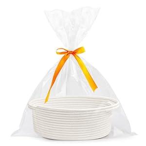 Pro Goleem Small Woven Easter Basket with Gift Bags and Ribbons Durable Burr Baskets for Gifts Empty Small Rope Basket for Storage 12"X 8" X 5" Baby Toy Baskets with Handles, White