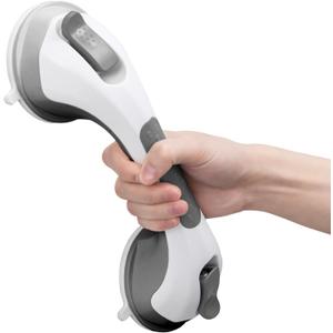 LEVERLOC Shower Grab Bar, 12 Inch Suction Grab Bars for Bathtubs, Shower Handle Handrail for Seniors Bathroom Safety Grip for Elderly, Heavy Duty No Drilling Removable,Grey (Gray)