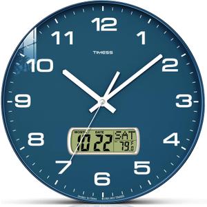 TIMESS Wall Clock, 12" Dial Non-Ticking Silent Battery Operated Analog with LCD Display for Perpetual Calendar and F Temperature, Ideal Modern Home, Bedroom, Kitchen, Office Decor (Blue)