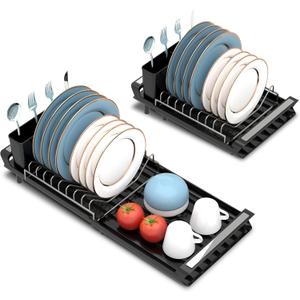 Pukomc Small Extendable Dish Drying Rack, Adjustable Dish Rack, Stainless Steel & Removable Cutlery Holder, for Compact Sink or Countertop Plate Rack, Space-Saving Collapsible Dishes Holder,Black