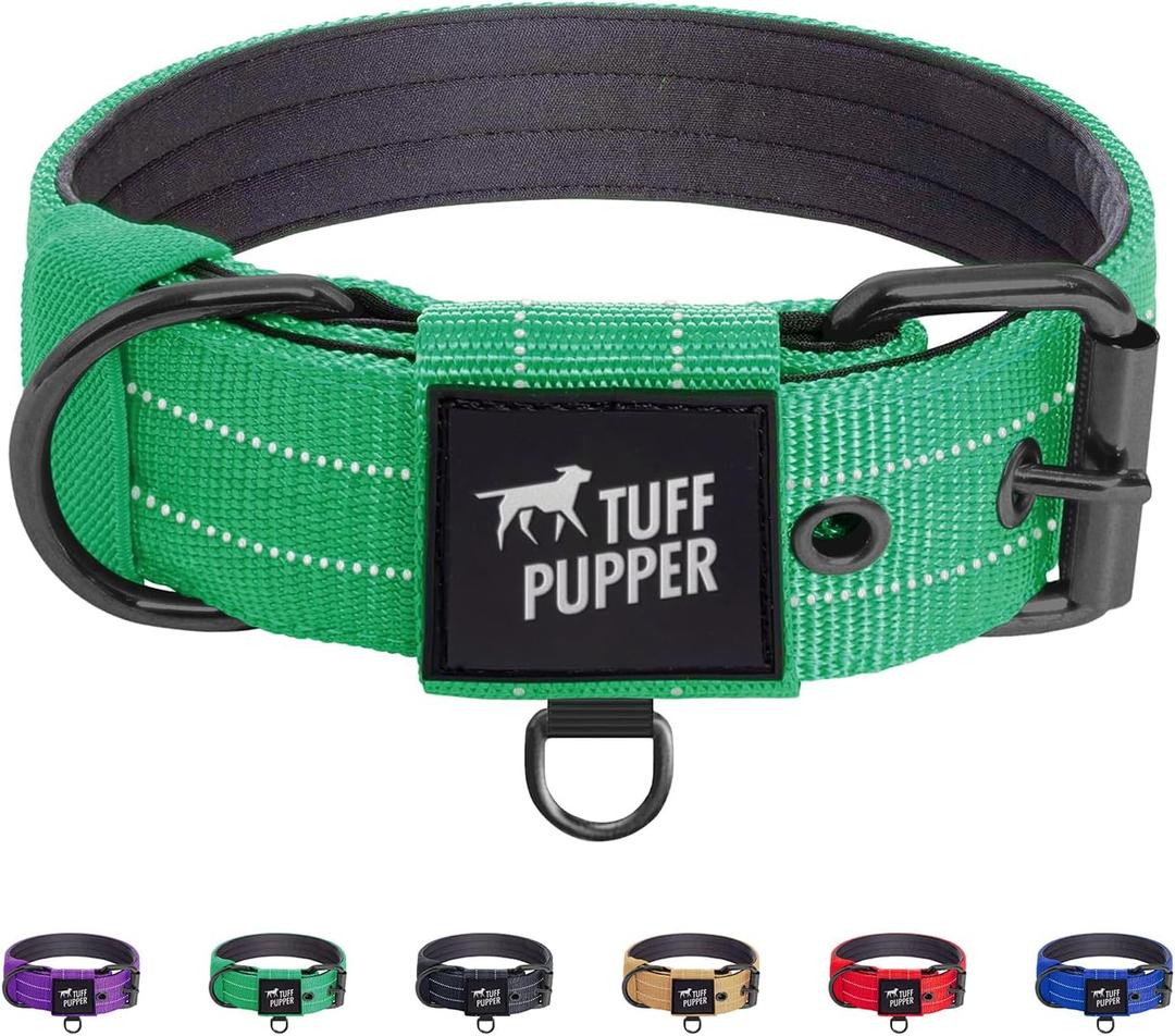 Tuff Pupper Heavy Duty Tactical Dog Collar | 1.5" Wide Ballistic Nylon | Reflective Stitching | Integrated ID Tag Holder | Stainless Steel Buckle | Padded Lining | Medium & Large Dogs (Green, Large)