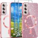 For Galaxy S22 Plus Case Compatible with MagSafe, [Glitter Card & 2PCS HD Screen Protectors] Cute Bling Sparkly [Never Yellowing], Slim Shockproof Anti-Scratch Soft Clear Case for Women, Hot Pink