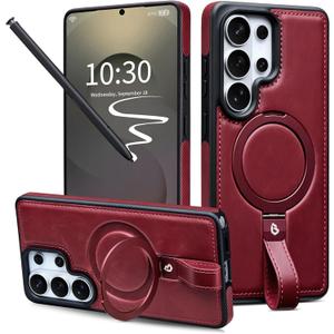 for Samsung Galaxy S26 Ultra Case Leather with Stand, Anti-Slip Grip Ring, Fits for MagSafe (Burgundy, S26 Ultra)
