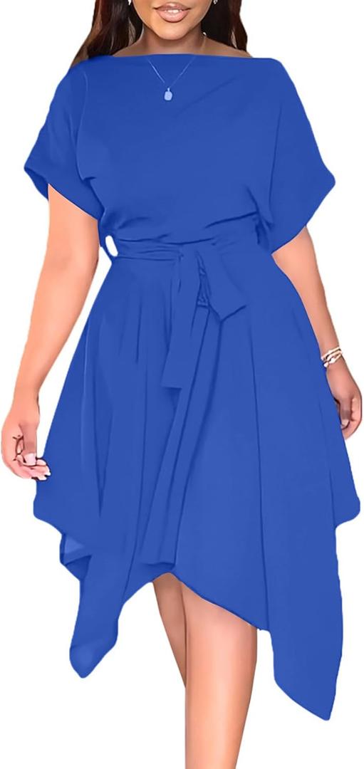 rgeUmenlele Womens Casual Short Sleeve Tie Waist Asymmetric Hem Swing Summer A Line Midi Dress L rgeUmenlele Womens Casual Short Sleeve Tie Waist Asymmetric Hem Swing Summer A Line Midi Dress L