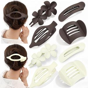 2 x Obeoby 8 Pcs Flat Hair Clips for Women, 4 Types French Flat Claw Clips Hair Barrettes Accessories Large Medium (Beige, Dark Brown)