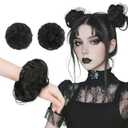 FESHFEN 2PCs Small Messy Bun Hair Piece for Thin Hair Women Girl Mini Synthetic Elastic Wavy Space-bun Scrunchies Updo Hairpieces, Black