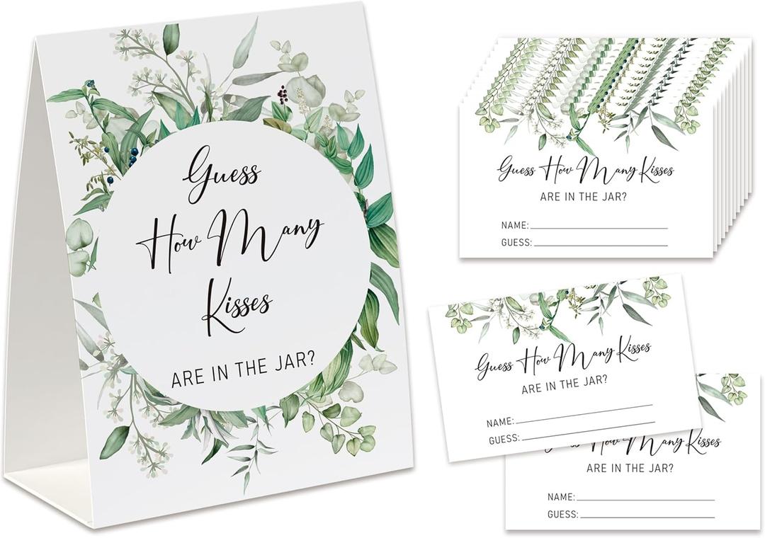 2 x How Many Kisses Bridal Shower Game, (1 Standing Sign + 50 Guessing Cards), Greenery Guessing Card, How Many Cards Baby Shower Game, Wedding Games for Guests-GK01