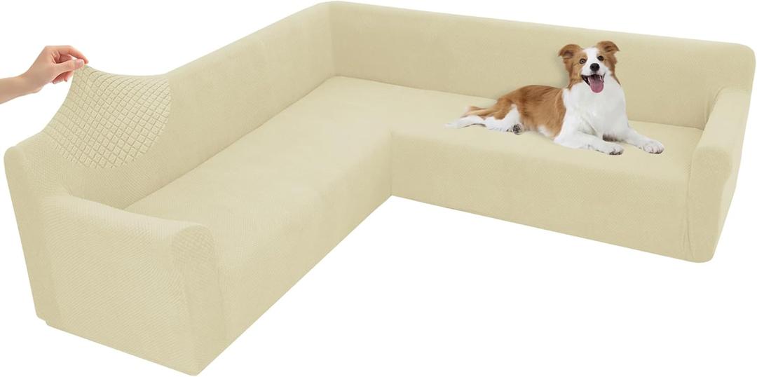 Arfntevss Stretch Sectional Couch Covers L Shaped Corner Sectional Sofa Cover Washable Jacquard Soft Fleece U Shape Sofa Slipcovers Anti Slip Furniture Protector for Dogs Pets (X-Large, Beige)