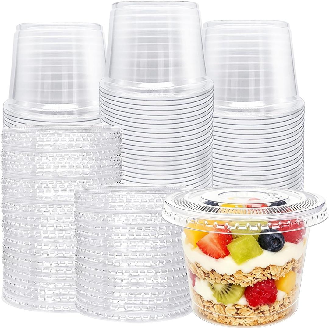 Alaeseje 100 Pack 8oz Plastic Cups with Flat Lids(Hole in the Lid),Disposable Clear Cups,Clear Crystal Dessert Cups for Parfait,Fruit,Snacks,Yogurt,Jelly,Ice Cream,Cold Drinks