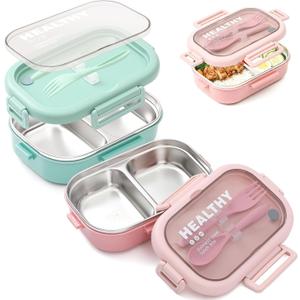 2 Pack Stainless Steel Lunch Container 28oz with Cutlery, 2 Compartment Bento Box, Leakproof Food Storage Container for Adults Family Office Work Picnics Travel, Green and Pink