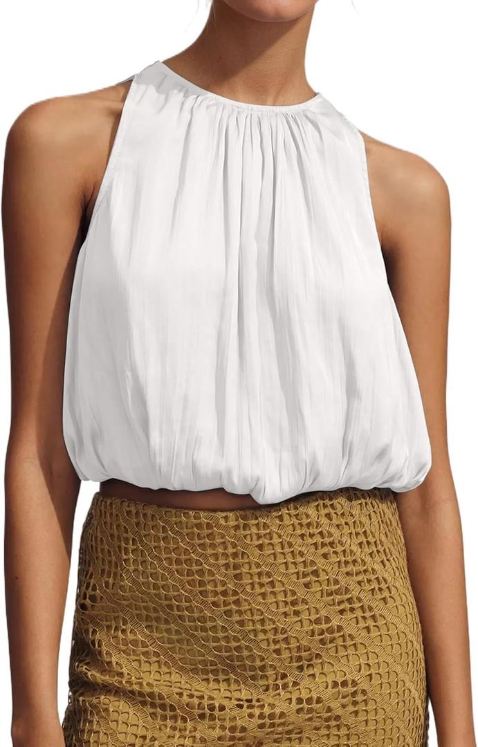 Womens Summer Halter Tops Cute Sleeveless Crewneck Puffy Hem Bubble Crop Tank Top Casual Dressy Going Out Blouse Top (White, S)