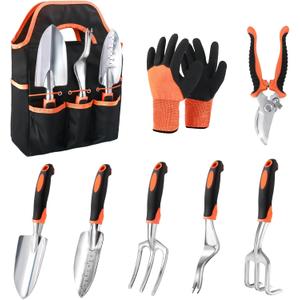Garden Tools Set, 8 Piece Gardening Tools Set with Non Slip Ergonomic Handle, Heavy Duty Garden Tool Set with Storage Bag, Gardening Kit for Women, Garden Hand Tools Gift for Women and Men, Orange