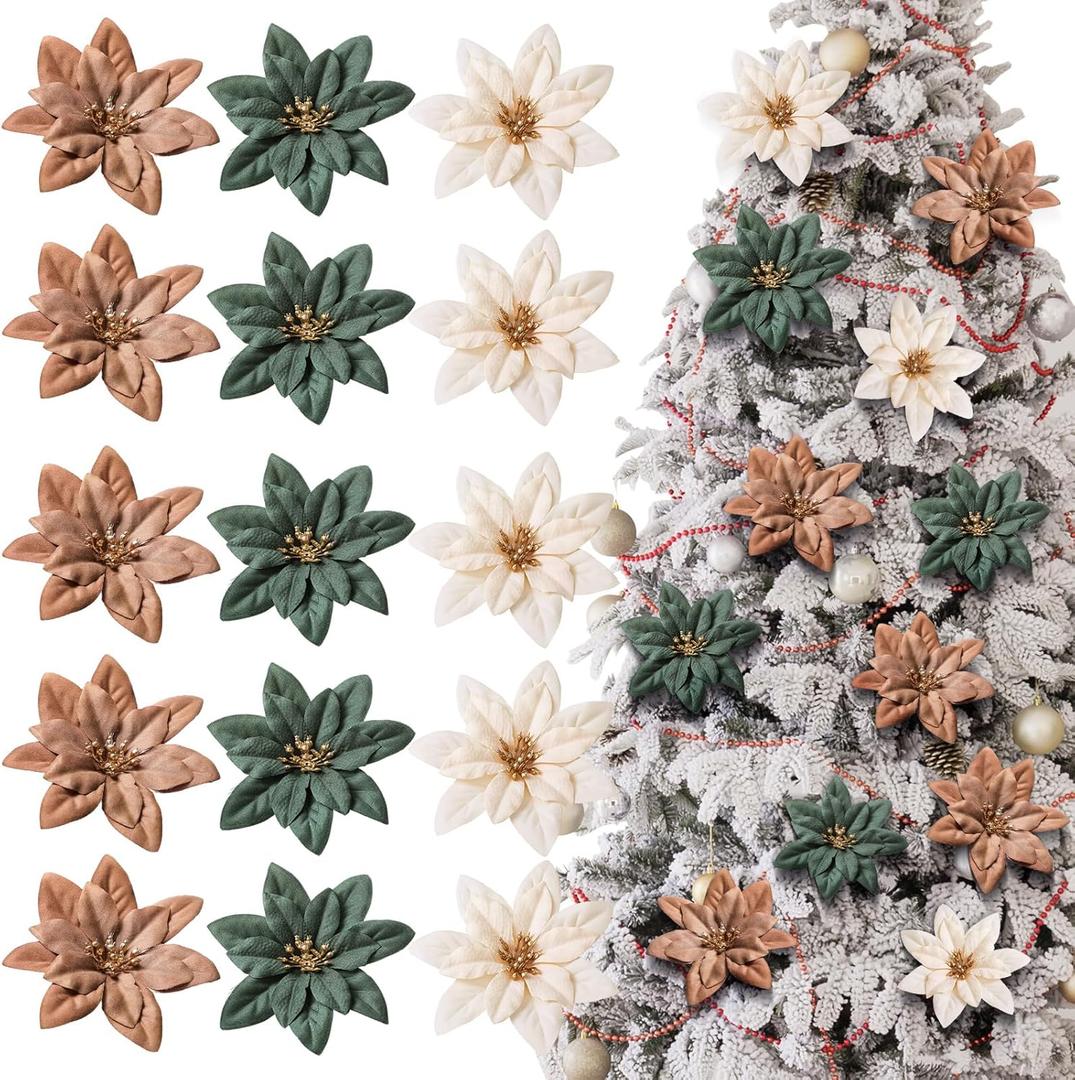 15 Pcs Christmas Poinsettia Artificial Flowers with Clips Christmas Tree Flowers Decor 5.5'' Vintage Poinsettia Xmas Tree Decoration for Xmas New Year Wedding Party (Elegant Color) (White, Brown, Green)