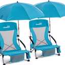 Folding Beach Chair with Umbrella for Adults, 2 Pack Portable Low Beach Chairs with 300lbs Capacity, Lightweight Fodable Camping Chair for Travel, Picnic, Concert & Outdoor Activities, Blue