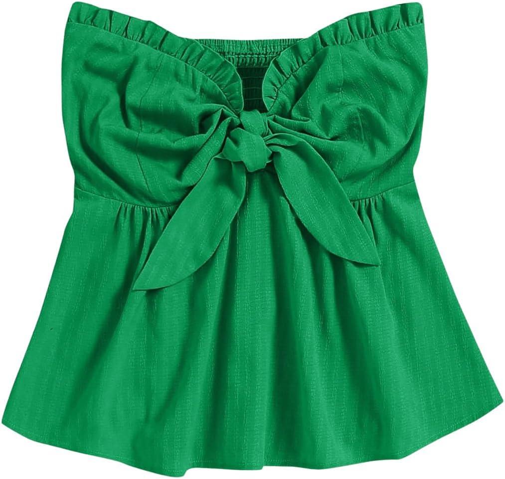 SOLY HUX Women's Frill Trim Tie Front Tube Top Sleeveless Strapless Ruffle Summer Tops (Green, L)