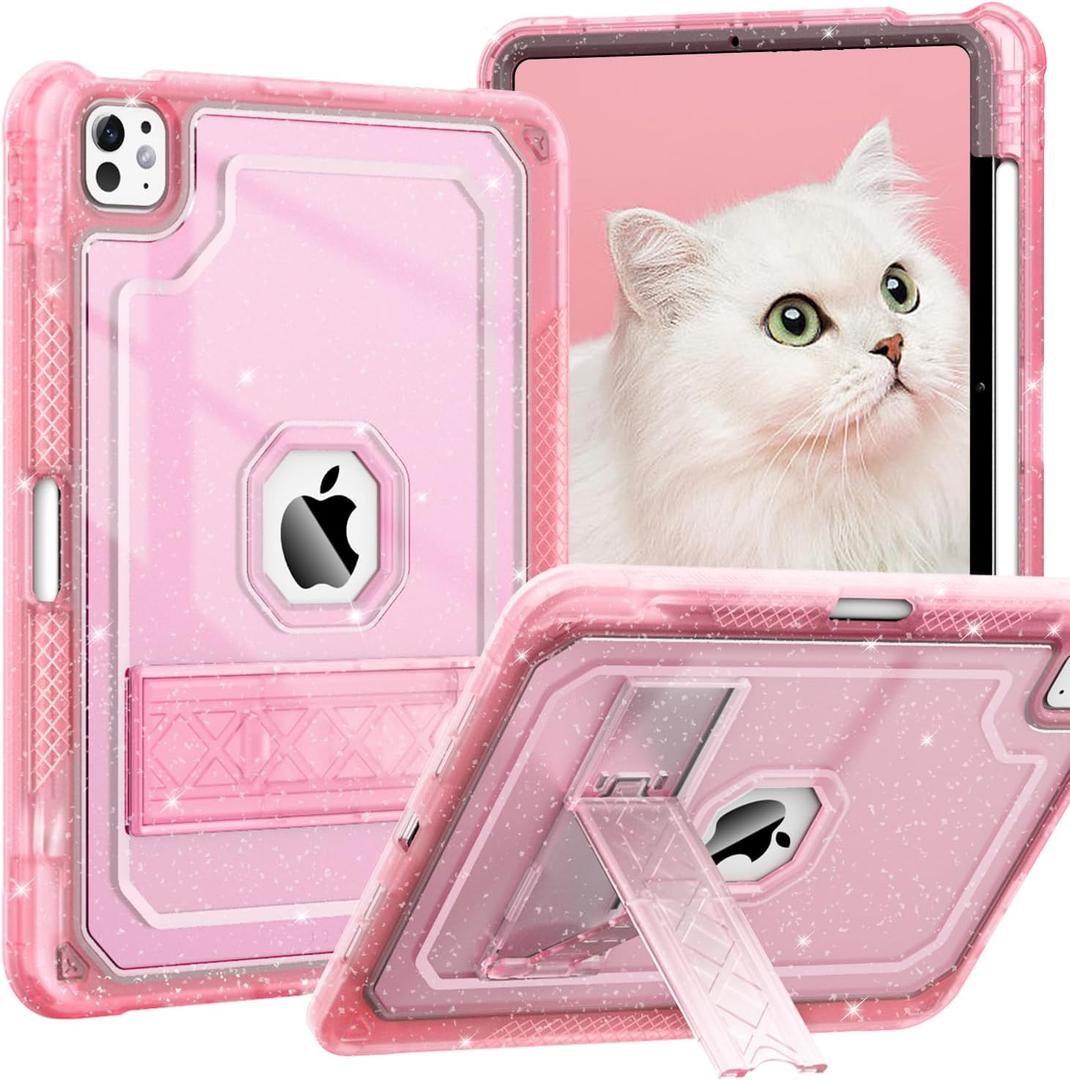 Case for iPad Pro 11 Inch Case M5/M4(2025/2024) with Pencil Holder, Slim Hard Translucent Protective Cover for M5/M4 iPad Pro 11" with Kickstand, Pink Glitter