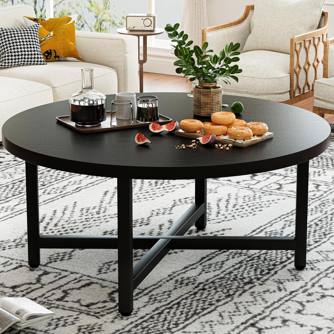 Coffee Table, 31.5" Large Coffee Tables, Black Round Coffee Tables for Living Room, Floor Table for Sitting on The Floor, Center Coffee Table with Metal Frame for Office Apartment Home, 31.5" X 17.7"