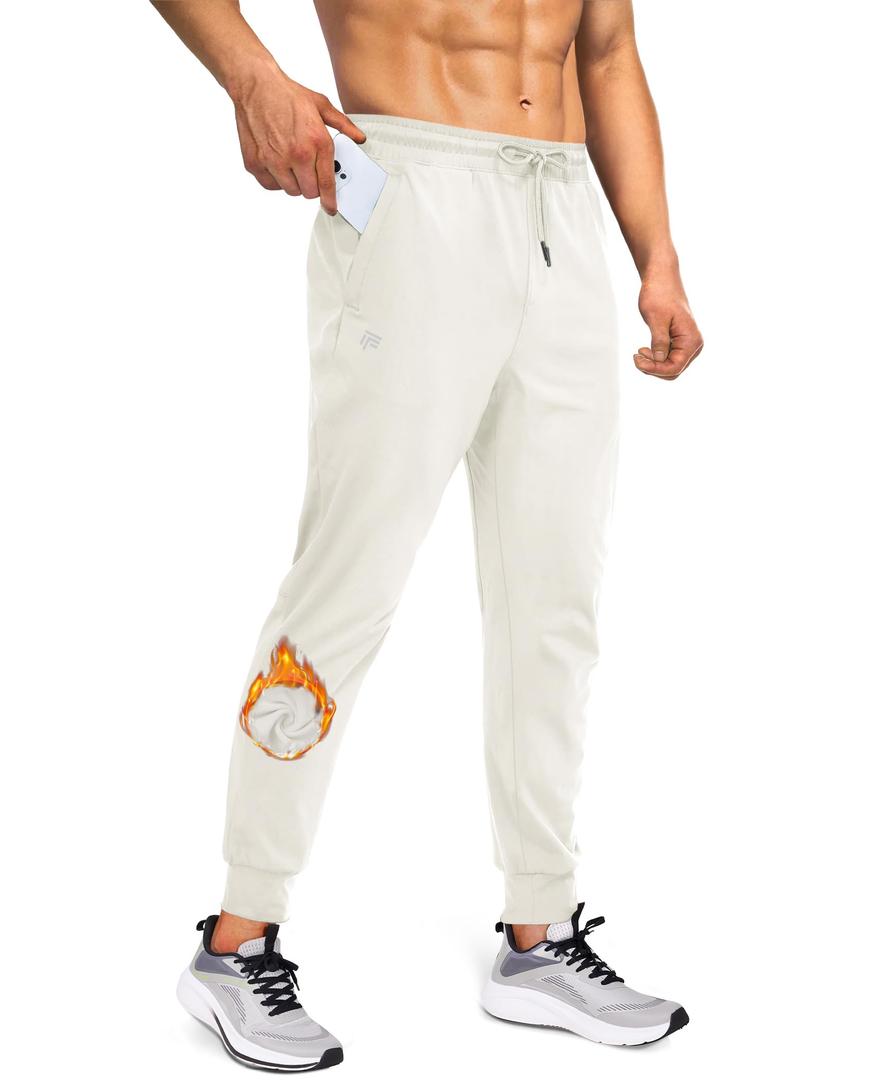 FOGFIRE Mens Fleece Lined Joggers with Zipper Pockets, Water Resistant Winter Sweatpants for Hiking, Running, Gym White Medium