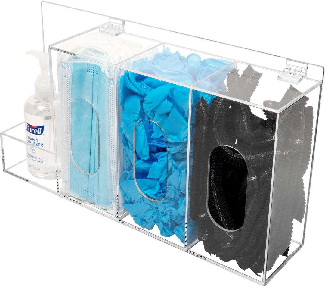 SEANADO Hand Sanitizer and Glove Holder Dispenser with Lid, Clear Acrylic 4 Compartments Hygiene Station for Disposable Face Mask, Shoe Cover, Hairnets - Wall Mount or Tabletop