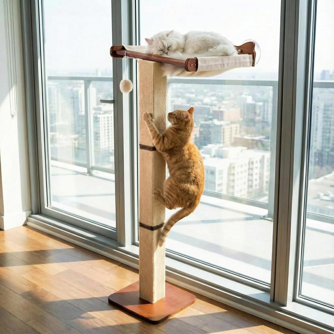 Sintuff Cat Window Perch with Scratching Post Climbing Tree Hammock Mounted with Suction Cups 46 Inch Tall Adjustable Narrow Cat Tree Climbing Pole for Playing Sleeping Watching Birds(Square)