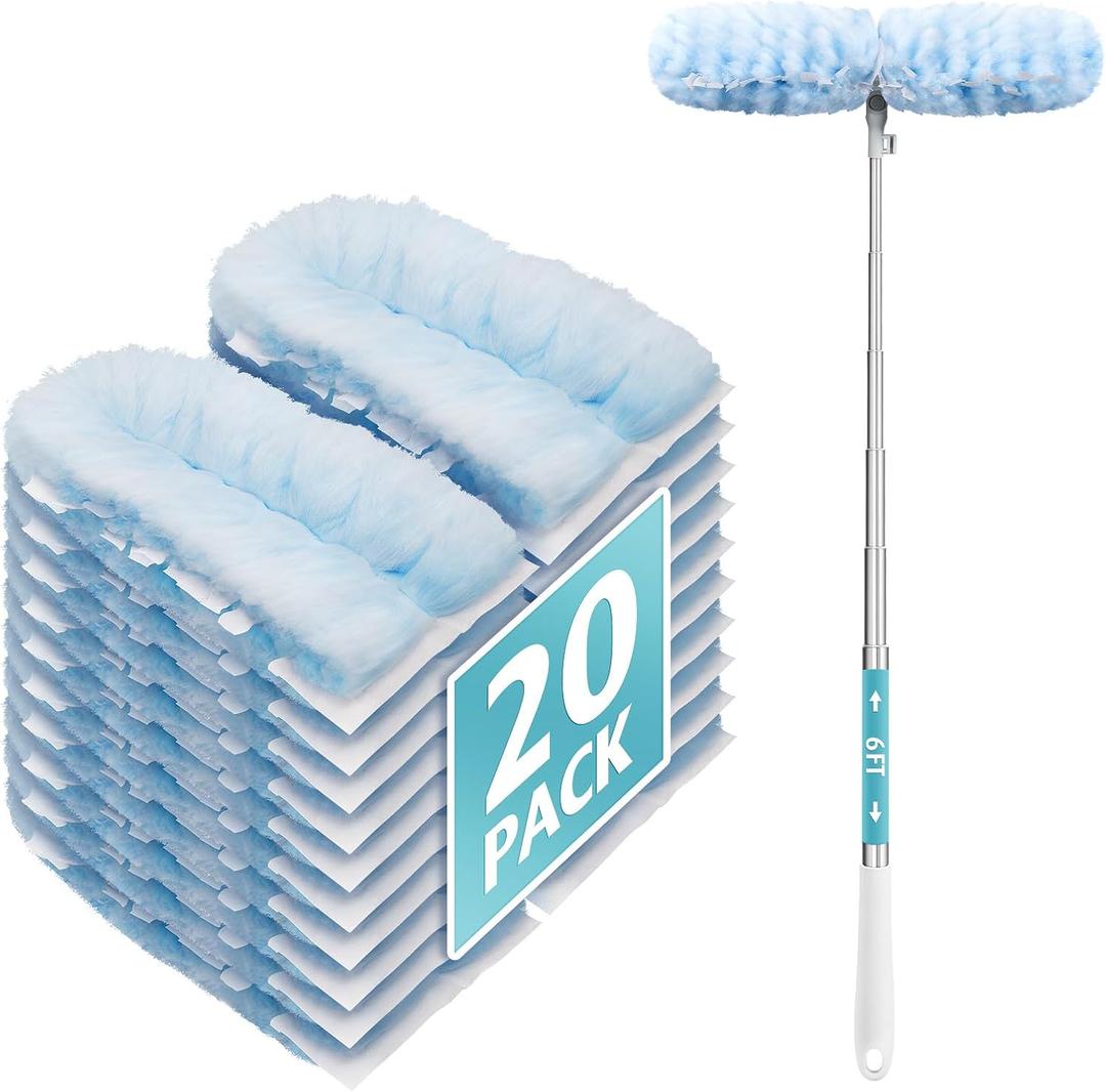 6 ft Extendable Duster Handle with 20 Refills, Compatible with Swiffer, Disposable Microfiber Dusting Pads for Home Cleaning, Ceiling, Fan, Window, Hard-to-Reach Areas (20 Count+ 1 Extended Handle)