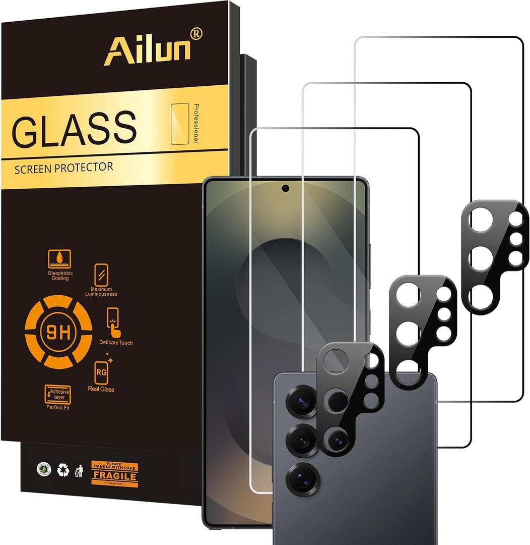 Ailun Glass Screen Protector for Galaxy S25 Ultra [6.9 Inch] 3Pack + 3Pack Camera Lens Tempered Glass Fingerprint Unlock 0.25mm Ultra Clear Anti-Scratch Case Friendly [Not For S25/S25 Plus/S25 Edge] (Transparent)