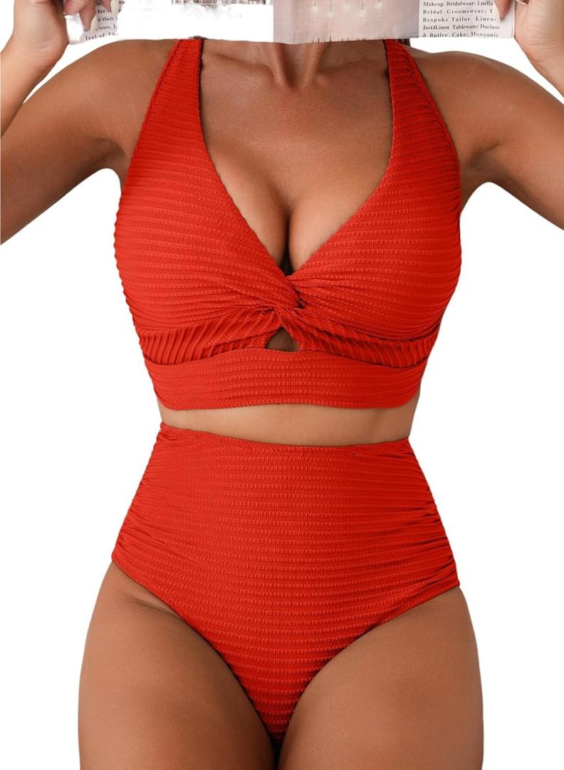 Herseas Women's Textured Bikini Sets Twist Front Top Swimsuits High Waisted Bathing Suits