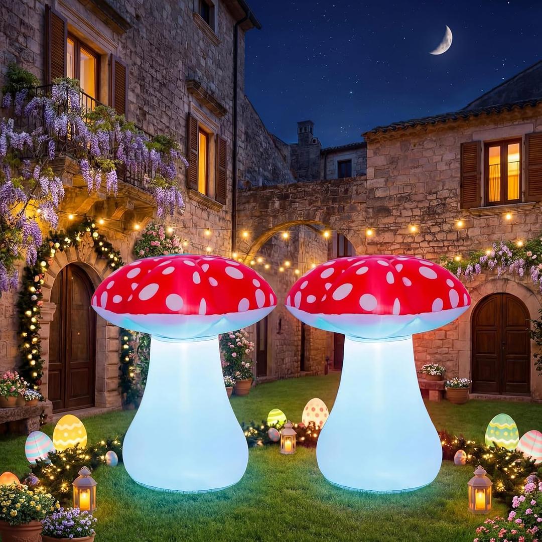 Rossesay 2 Pcs 31.5" Fairy Garden LED Inflatable Mushrooms Blow up Outdoor Decorations for Yard, Lawn, Patio, Fairy Garden Enchanted Forest Party (Red)