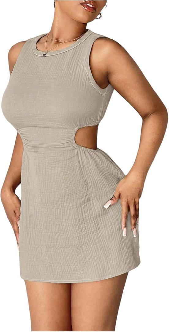 Floerns Women's Cut Out Sleeveless Tank Dress Crew Neck Bodycon Mini Dresses (Medium, Khaki)