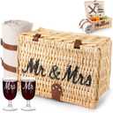 Picnic Basket for 2, Engagement Wedding Bridal Shower Gifts for Couples Bride, Wicker Picnic Basket with Waterproof Blanket & Insulated Liner Willow Hamper Set for Mr and Mrs Outdoor Camping