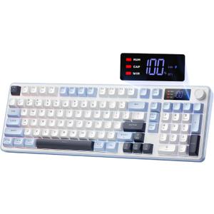 Redragon Wireless Gaming Keyboard, 98-Key Tri-Mode (BT/2.4G/Wired) RGB Computer Keyboard with Knob & Display, Fade-Resistant PBT Keycaps & 4000mAh Battery, Compatible with Windows/Mac - White Blue