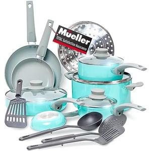 Mueller 16-Piece Non-Stick Stone Cookware Set with Steamer and Glass Lids, Turquoise