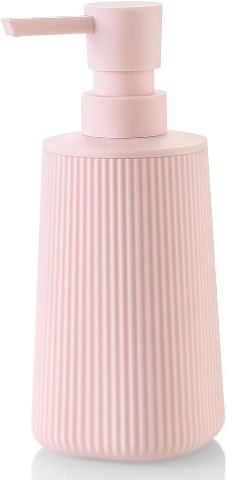 Small Soap Dispenser for Bathroom and Kitchen, Modern Farmhouse Striped Style Plastic Hand Soap Dish Soap Dispenser with Pump Matte Pink for Girls