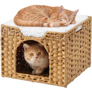SETVSON Cat Beds Indoor Kitten House, Handwoven Rattan Cat Cave Pet Cube, Large Cat Houses, One Bed Mat, Foldable, Hideaway, 16.5x16.5x13.2 Inches, 2 S-Shaped Hooks in Living Room Bedroom Natural
