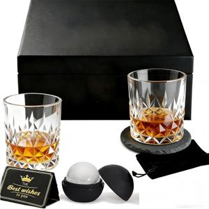 Crystal Whiskey Glasses Set of 2, 10.5 oz Old Fashioned Glasses with Large Ice Ball Molds & Slate Coasters, Lead-Free Bourbon Glass Gift Set in Luxury Box for Men, Scotch, Cocktails