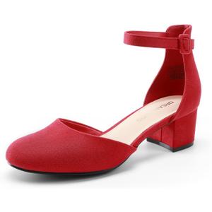 DREAM PAIRS Women's Closed Round Toe Low Block Heels Ankle Strap Chunky Heel Pumps Dress Wedding Office Party Shoes (8.5, Red)
