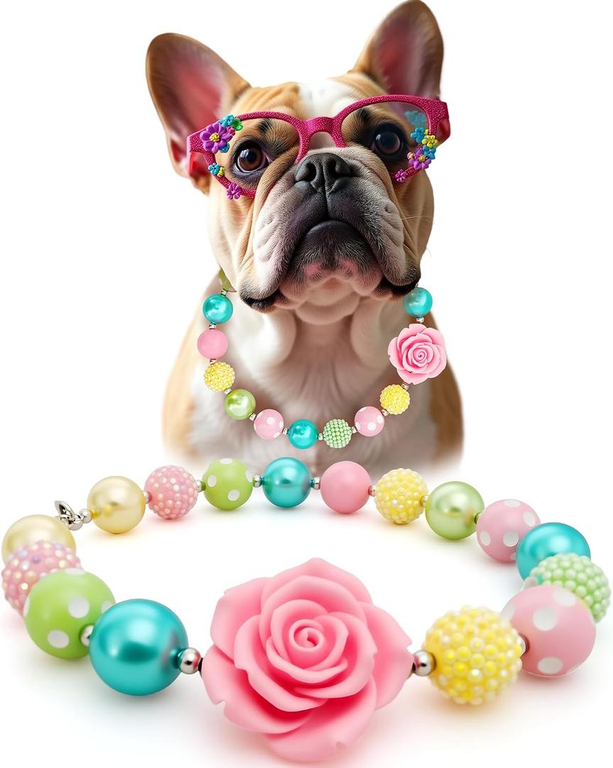 Hosiwei Princess Bubblegum Dog Collar Necklace, Chunky Beads (19mm) with Flower Charm Pet Collar | Adjustable Sparkling Pet Jewelry Accessory for Dogs, Daily Wear & Costume Parties (14-18 in)