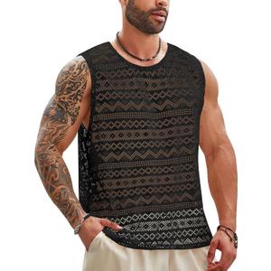 Beotyshow Mens See Through Vest Crewneck Sleeveless Tank Tops Muscle Sexy Lace Mesh Shirts (Large, Black)