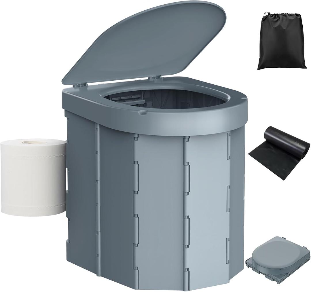 Portable Camping Toilet, Folding Toilet for Adults with Lid and Retractable Toilet Paper Holder, Waterproof Porta Potty with Carry Bag and Disposible Liners for Hiking, RV Travel, Road TripsDark Gray