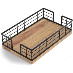 Wican Guest Towel Holder Tray for Bathroom, Acacia and Iron Napkins Holder for Powder Room Dinning Table Wooden Basket for Disposable Paper Hand Towels Black and Acacia (9.06 x 5.51 x 2.56 inchs)