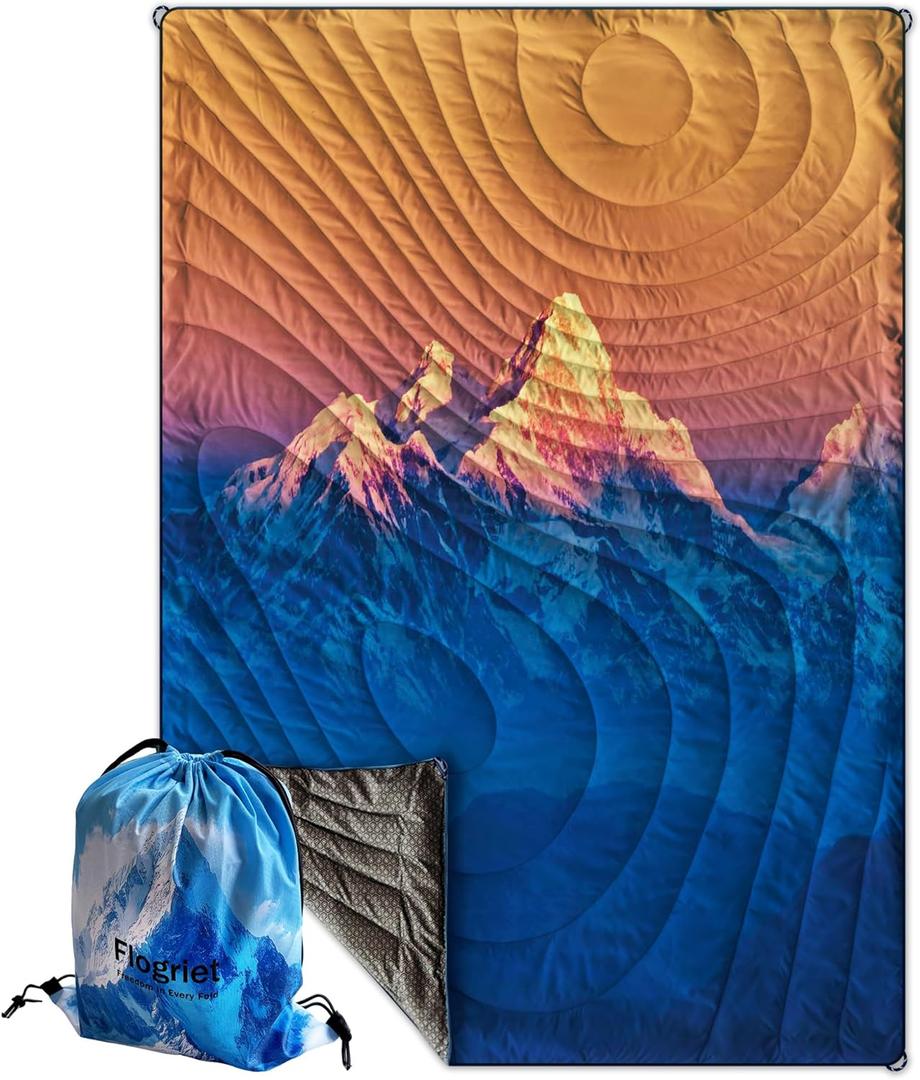 Camping Blanket - Puffy, Packable, Lightweight,Waterproof and Warm - Wearable Blanket with Snap Buttons for RV,Outdoors,Travel,Stadium, Beach(Sunset Snow Peaks,75"x50")