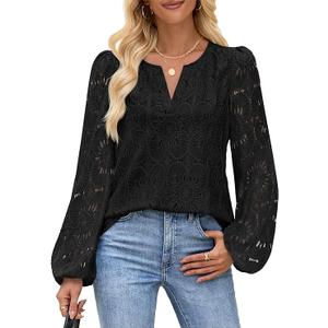 MEROKEETY Women's Eyelet Long Sleeve Shirts Tops Dressy Casual Fall Trendy Flower Lace Boho Crochet Blouses M 