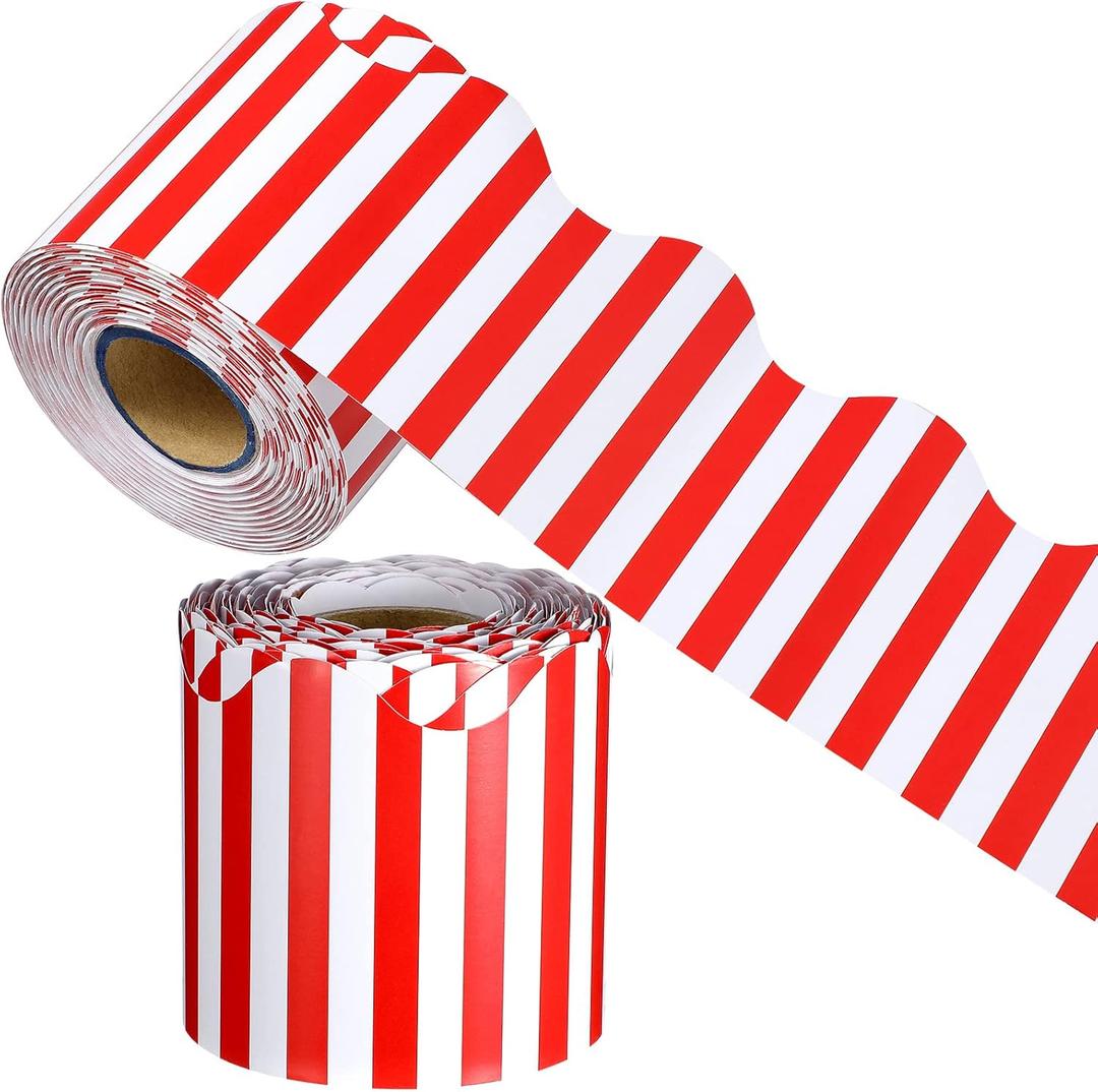 65 Feet Scalloped Bulletin Board Border for Classroom Self Stick Striped Popcorn Borders Wavy Line Border for Bulletin Cork Board Desk Classroom Party Supplies Decor(Red and White Stripes)
