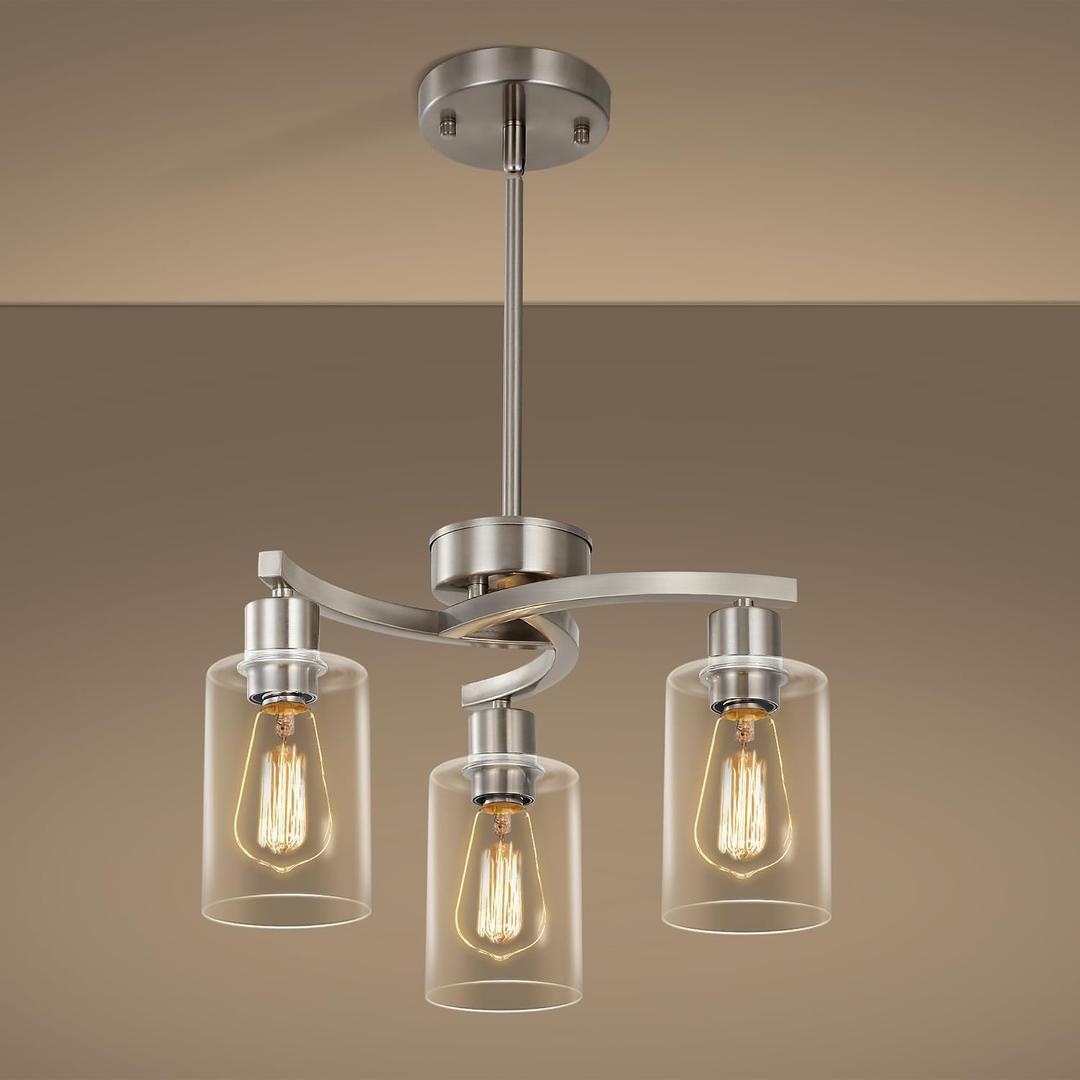 CNRATYE 3-Light Brushed Nickel Pendant Lighting for Kitchen Island, Hanging Dining Room Light Fixtures Over Table, Industrial Chandelier for Entryway Hallway Foyer Bedroom, Clear Glass Shade