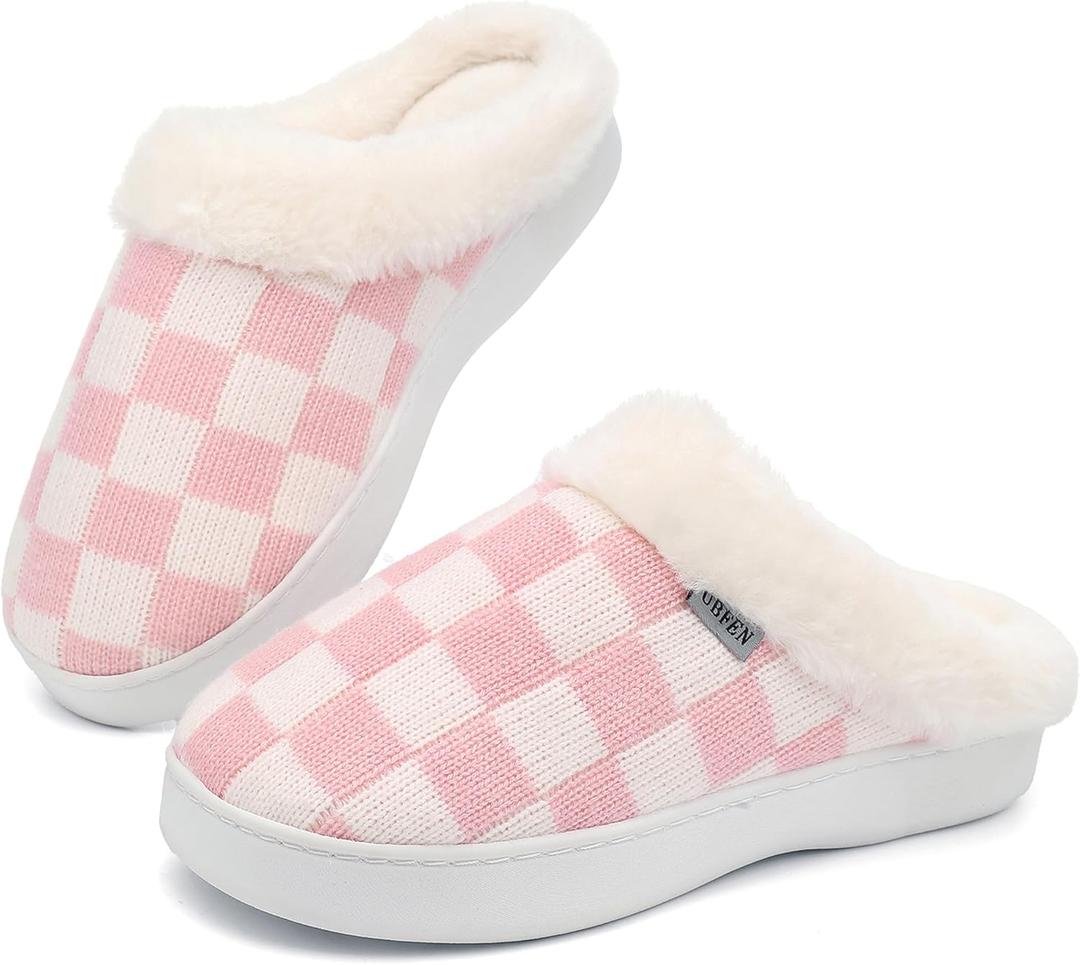 UBFEN Womens Slippers Classic Plaid Winter Warm with Memory Foam Fluffy House Shoes Platform Indoor Bedroom (9-10, B-white Pink)