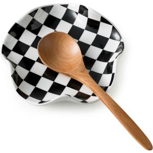 Spoon Rest for Stove Top, 5.3in Checkered Spoon Holder Utensil Rest, Ceramic Spoon Rests for Coffee Bar, Kitchen Gadget Cooking Gift for Housewarming (Black & White Pattern)