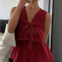 SOLY HUX Women's Y2k Bow Tie Front V Neck Sleeveless Blouse Eyelet Embroidery Ruffle Hem Babydoll Tops (Pink, XS)