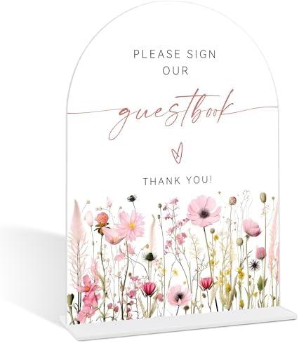 Pink Flower Please Sign Our Guestbook Sign, Wedding Guest Book Alternative, Bridal Shower Centerpieces, Wedding Reception Decorations, Acrylic Arch Bridal Shower Signs With Base-12